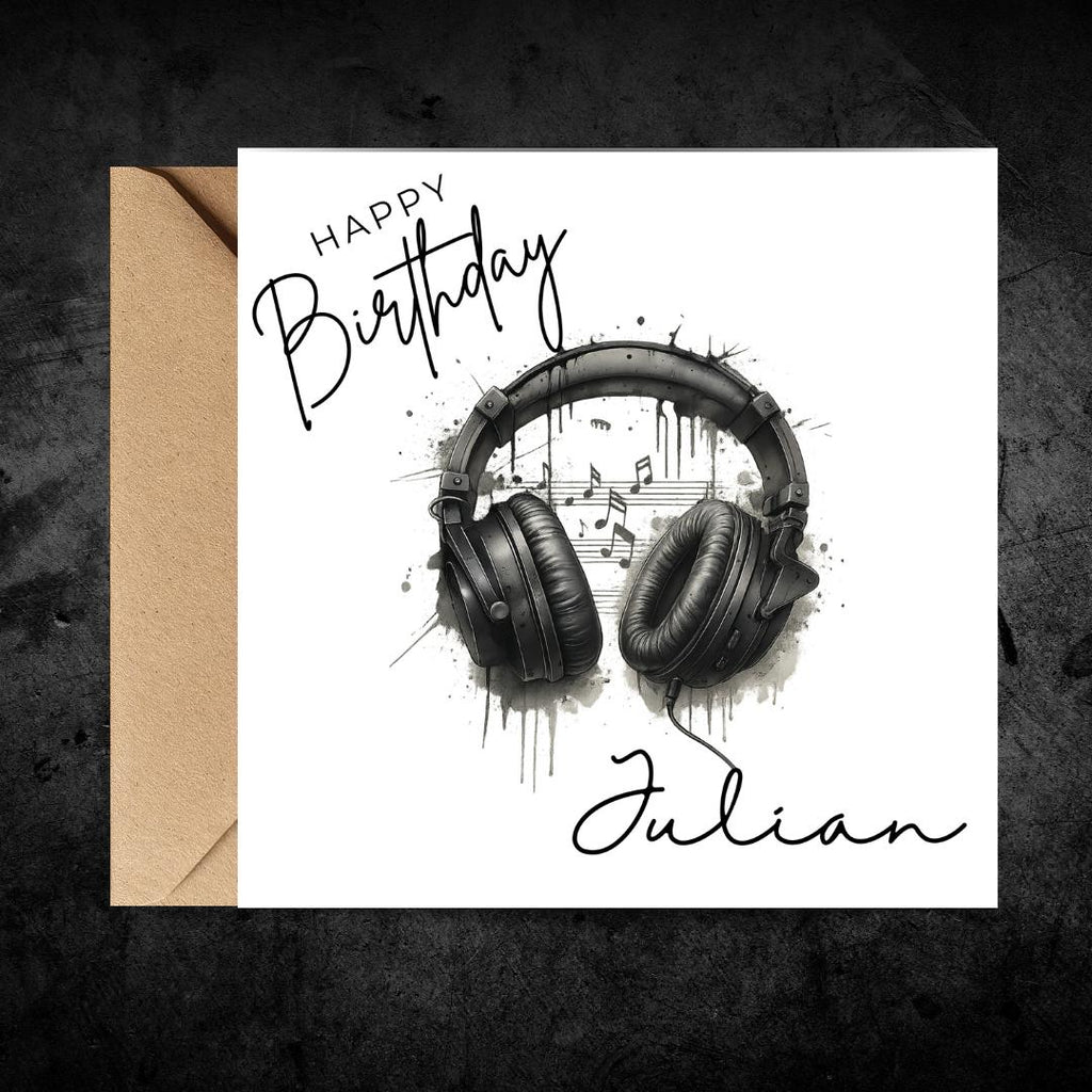 Personalized Music Lover DJ Birthday Card, Vinyl Headphones Custom Name, Unisex Teen Birthday Cards