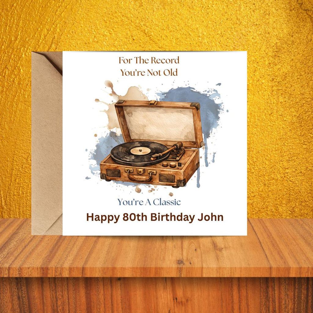 Funny 80th Birthday Card For Husband, Dad, Grandpa, Uncle - Record Player Humour Greeting Cards