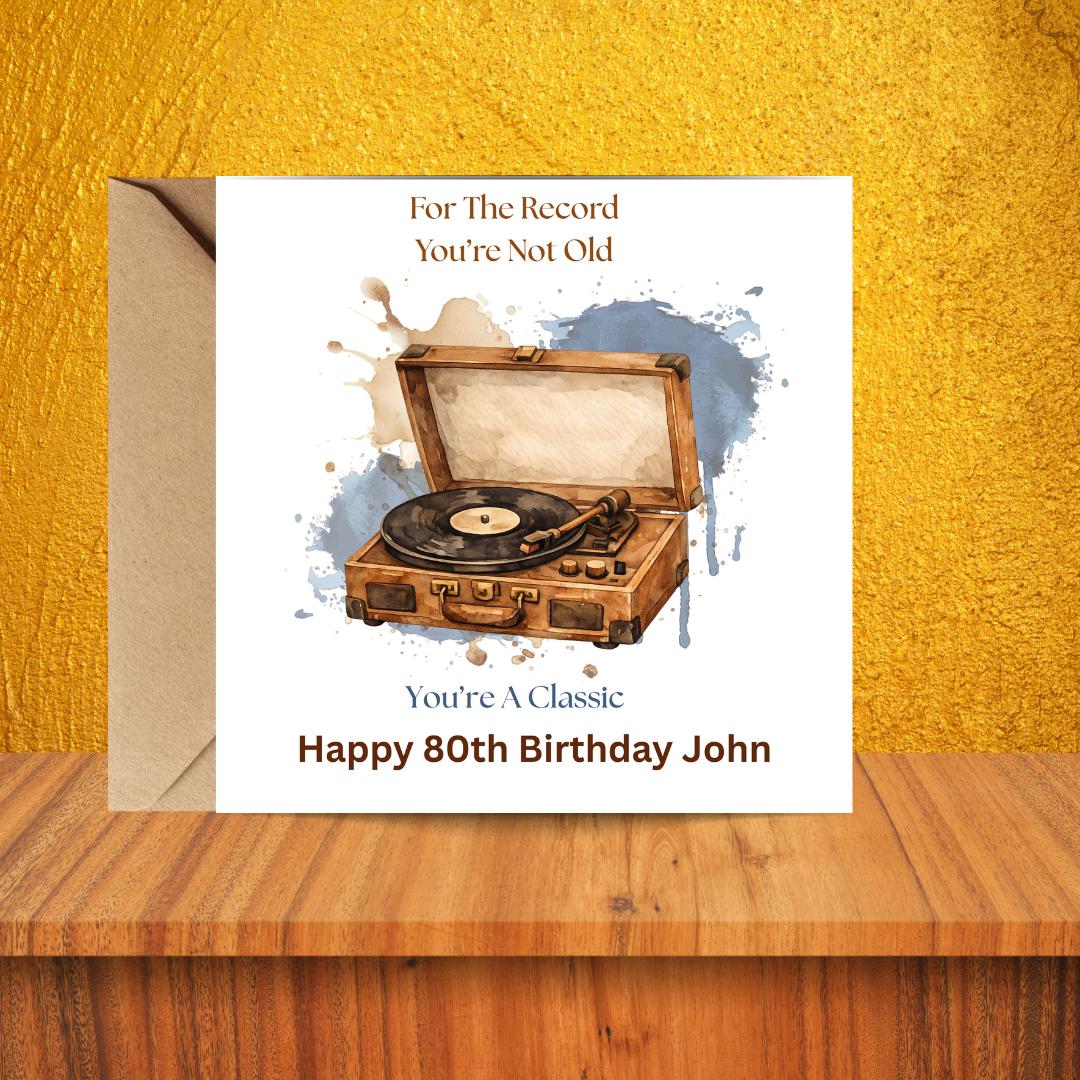 Funny 80th Birthday Card For Husband, Dad, Grandpa, Uncle - Record Player Humour Greeting Cards