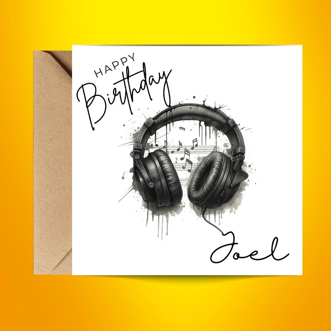 Personalized Music Lover DJ Birthday Card, Vinyl Headphones Custom Name, Unisex Teen Birthday Cards