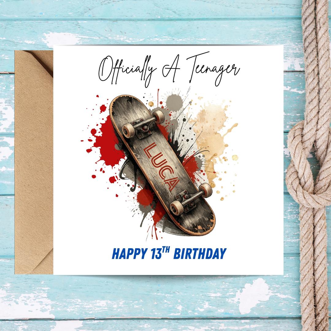 Personalized Skateboard Card, Officially Teenager, Happy 13th Birthday