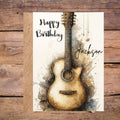 Music Birthday Card, Personalised Name Guitar Design Card for Brother, Friend, Son, Grandson