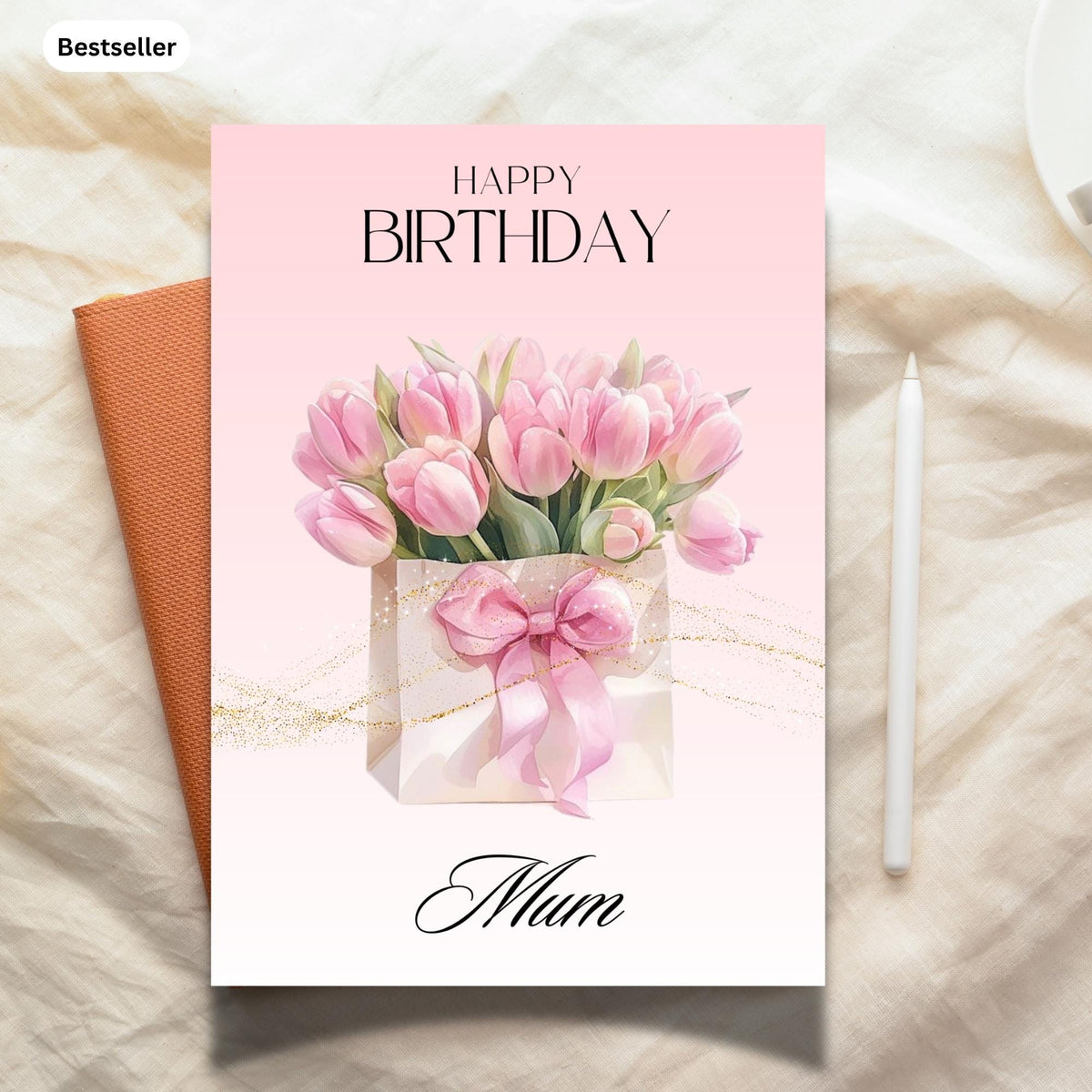Personalized Floral Pink Tulips Birthday Card For Mum, Elegant Mothers Birthday Gift