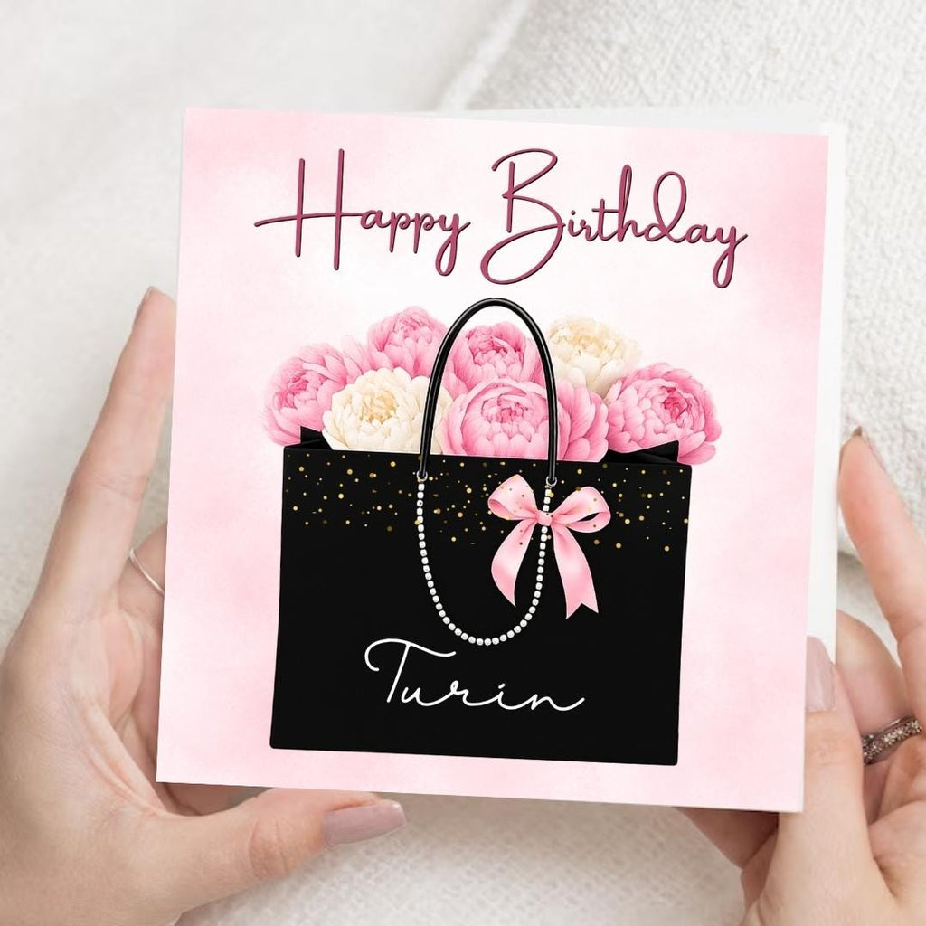 Personalized Floral Pink Peony Birthday Card, Elegant Minimalist Fashion Gift Bag Greeting For Her