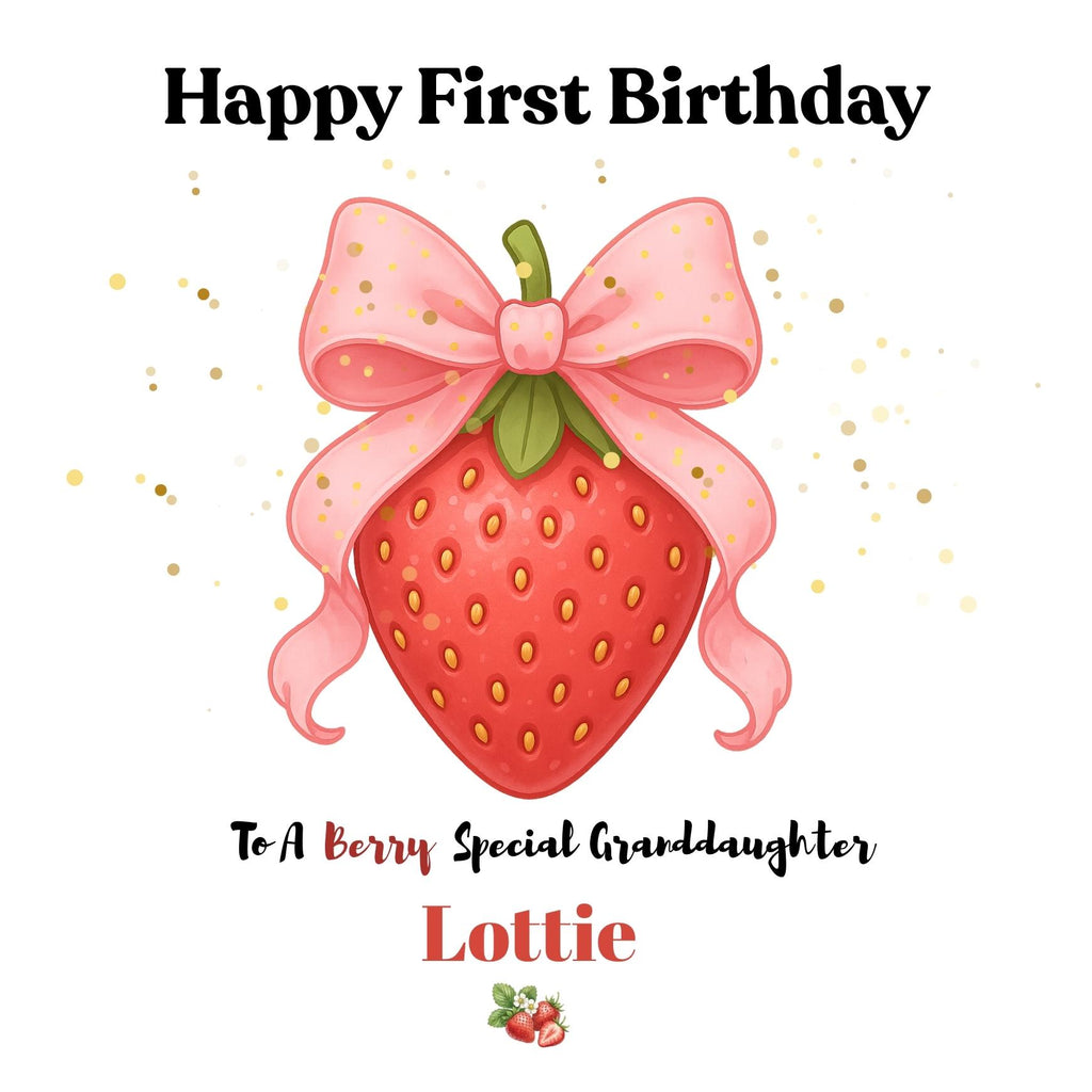 Personalized Berry 1st Birthday Card For Granddaughter, Strawberry Coquette Bow Design Daughter Cards