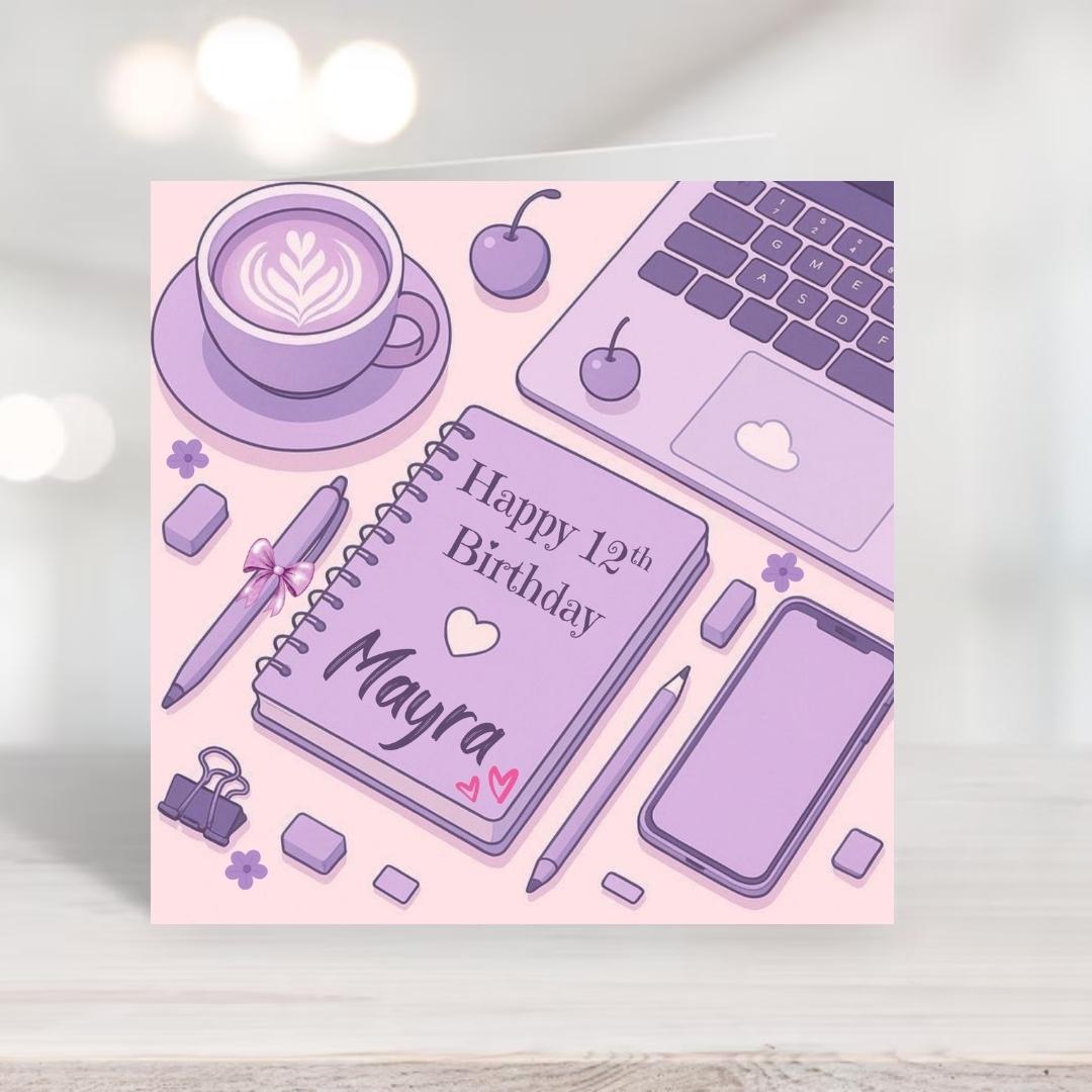 Personalized 12th Birthday Card, Girly Purple, Daughter Sister Granddaughter