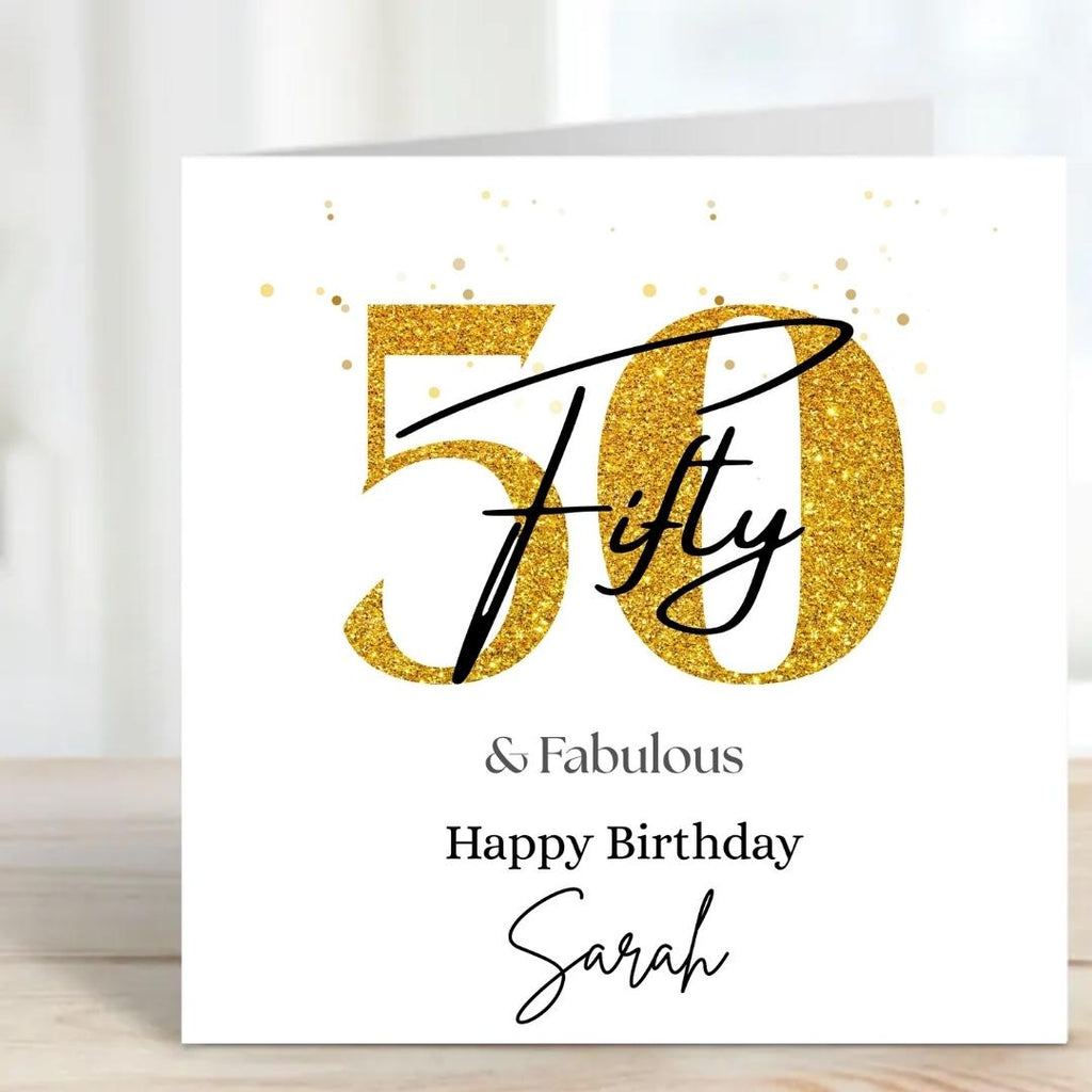 Personalized 50th Birthday Card, Gold Glitter Fifty, Keepsake Milestone