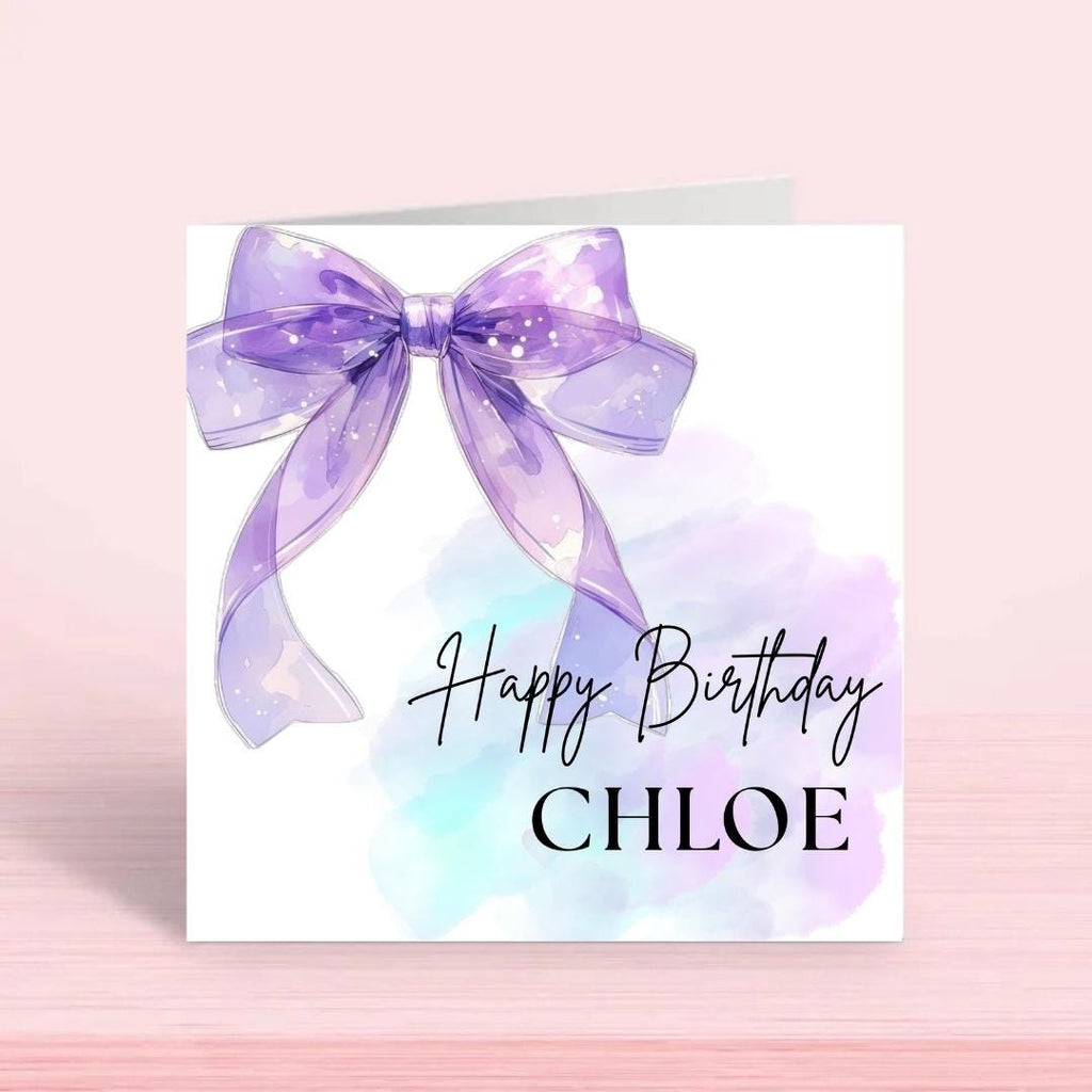 Personalized Coquette Bow Birthday Card, Elegant Purple Design, Custom Name Birthday Gift For Her