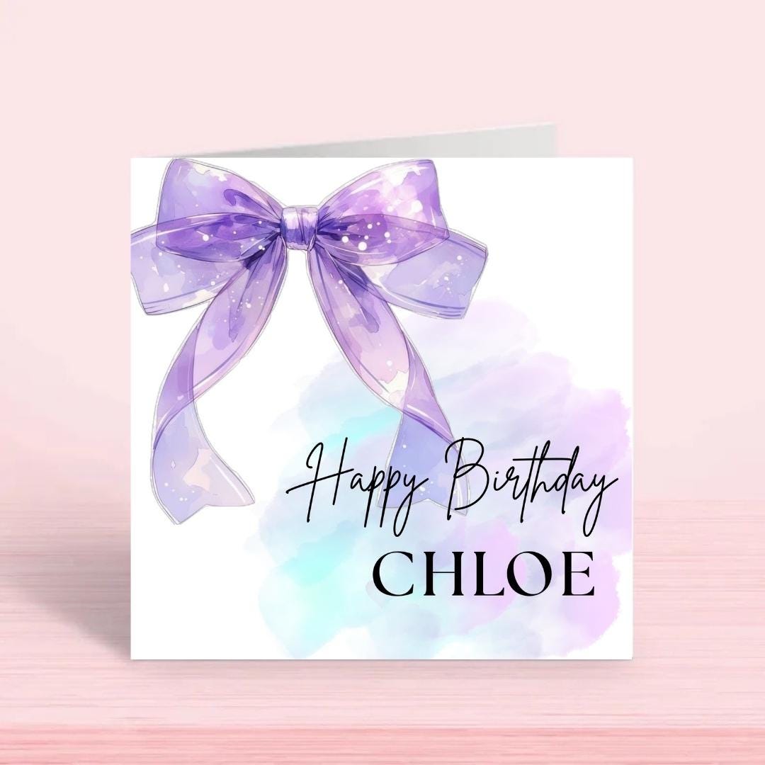 Personalized Coquette Bow Birthday Card, Elegant Purple Design, Custom Name Birthday Gift For Her