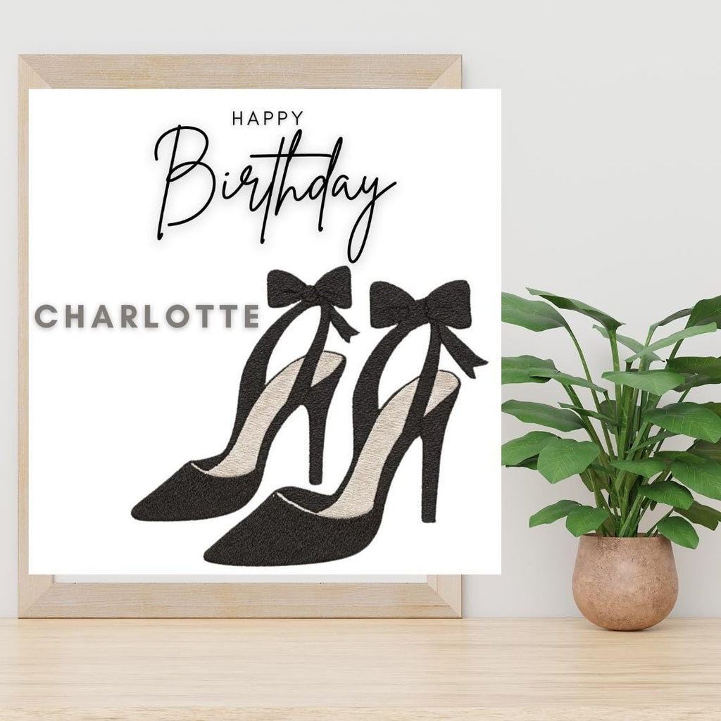 Personalised Birthday Card for Her Custom Name, Elegant Luxury High Heel Black Bow Shoes