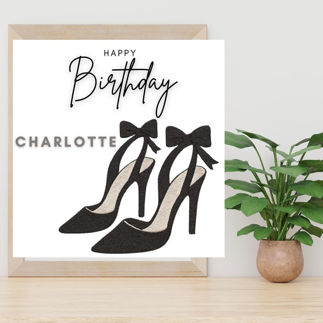 Personalised Birthday Card for Her Custom Name, Elegant Luxury High Heel Black Bow Shoes