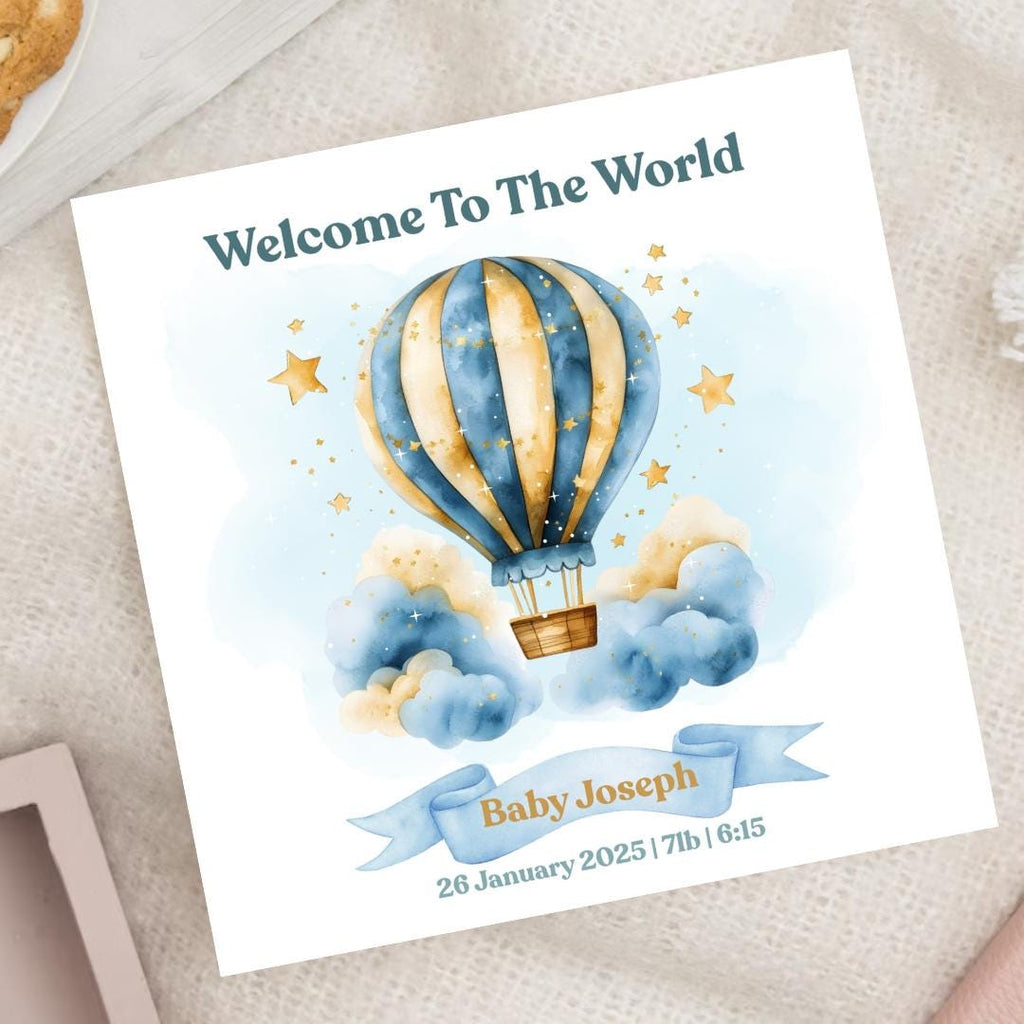 Personalized Baby Boy Card, Welcome to the World, Soft Blue Palette