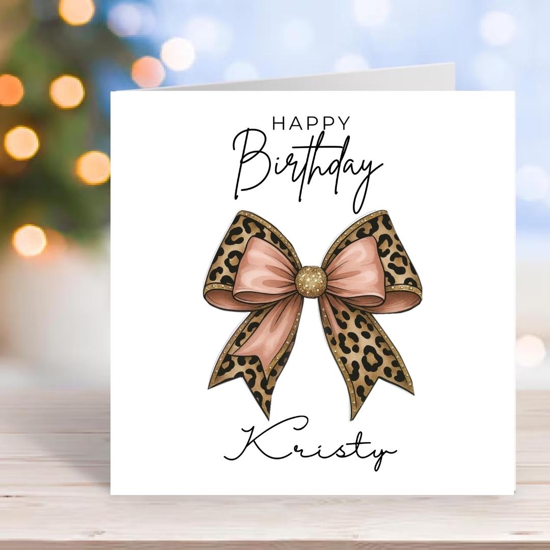 Personalized Leopard Print Birthday Card With Custom Name, Pink Bow design