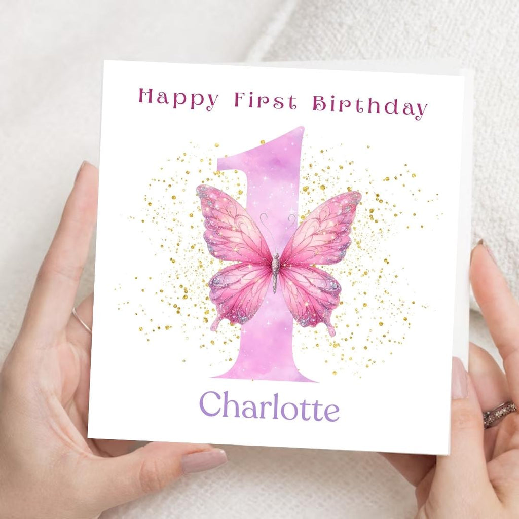 Personalized Baby Girl 1st Birthday Card, Big Number One Pink Butterfly Design