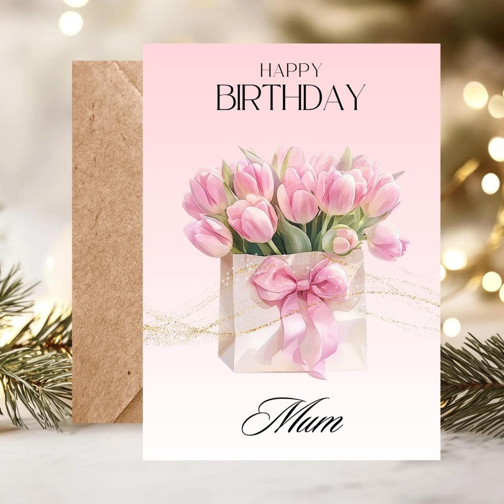 Personalized Floral Pink Tulips Birthday Card For Mum, Elegant Mothers Birthday Gift