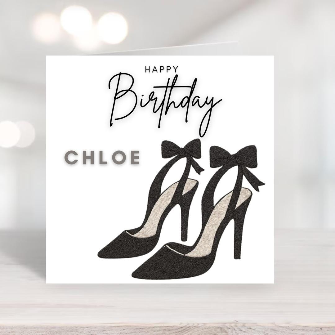 Personalised Birthday Card for Her Custom Name, Elegant Luxury High Heel Black Bow Shoes