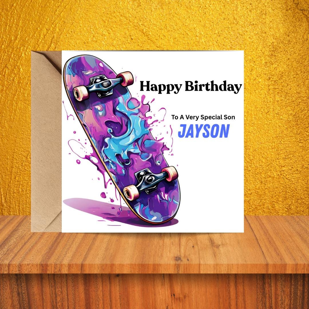 Personalized Skateboard Birthday Card, Custom Name, Watercolor Art, Teen Skater Gift
