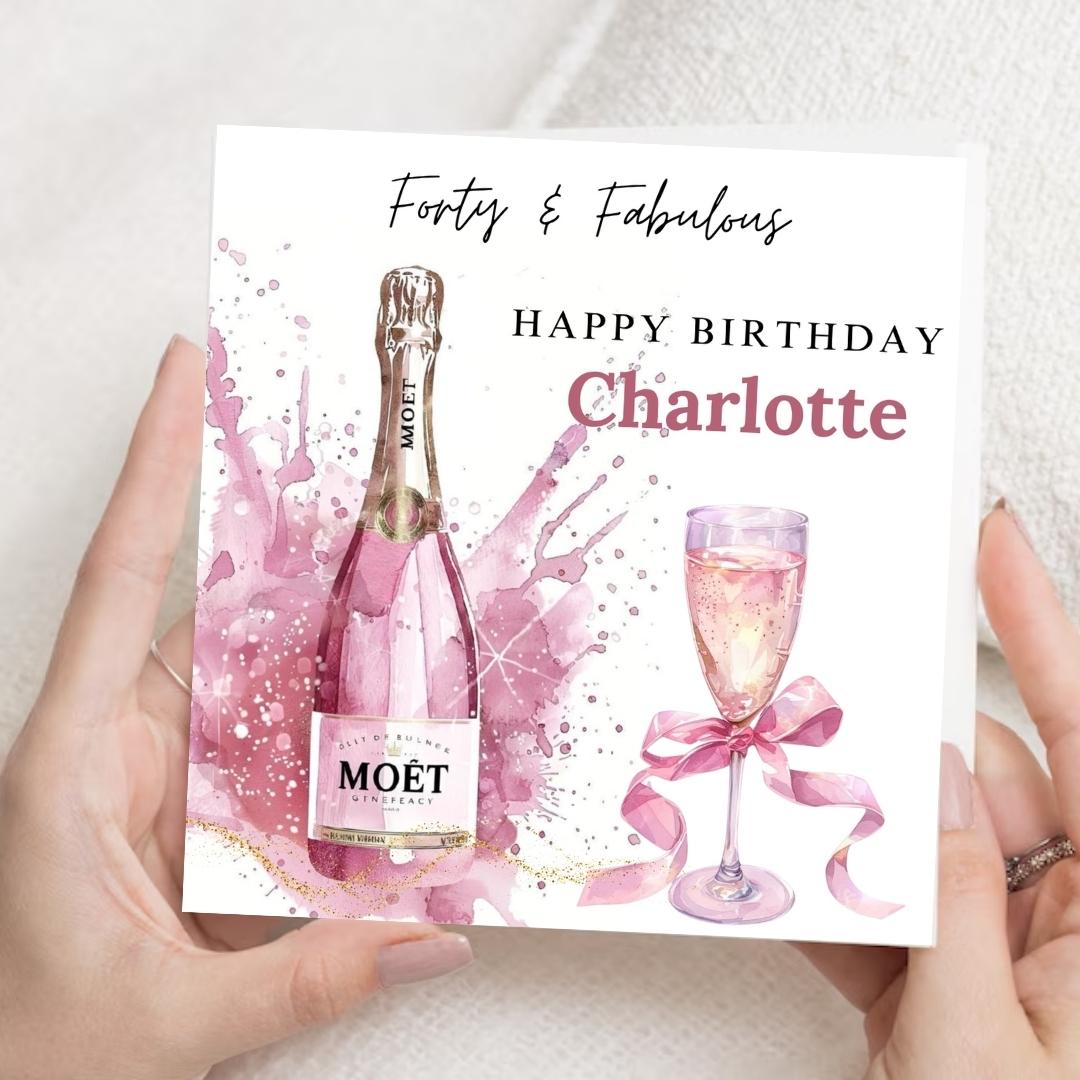 Personalized 40th Birthday Card, Pink Champagne Gold Dust Design