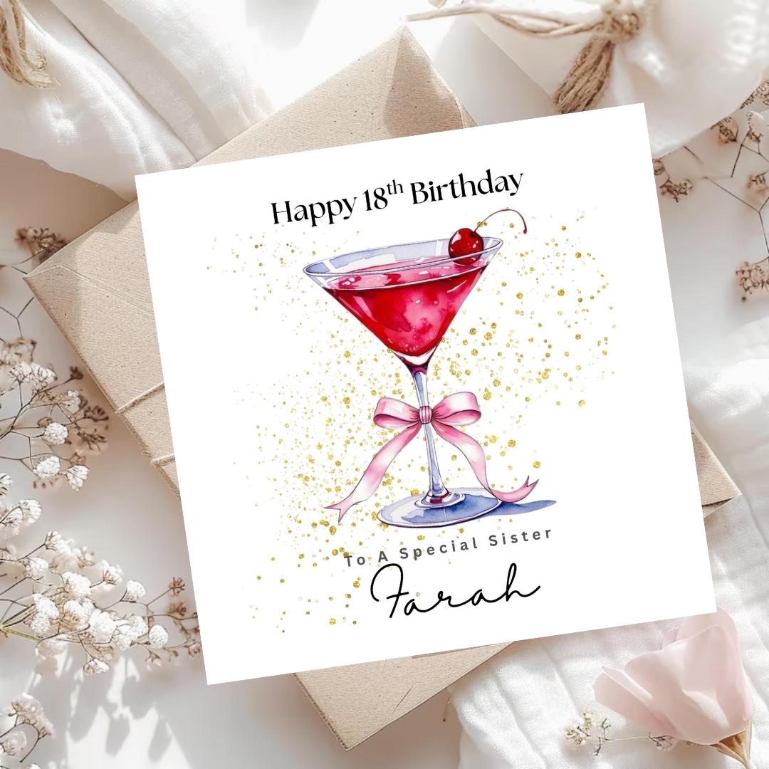 Personalised 18th Birthday Card for Sister, Custom Eighteenth Martini Birthday Cards For Her
