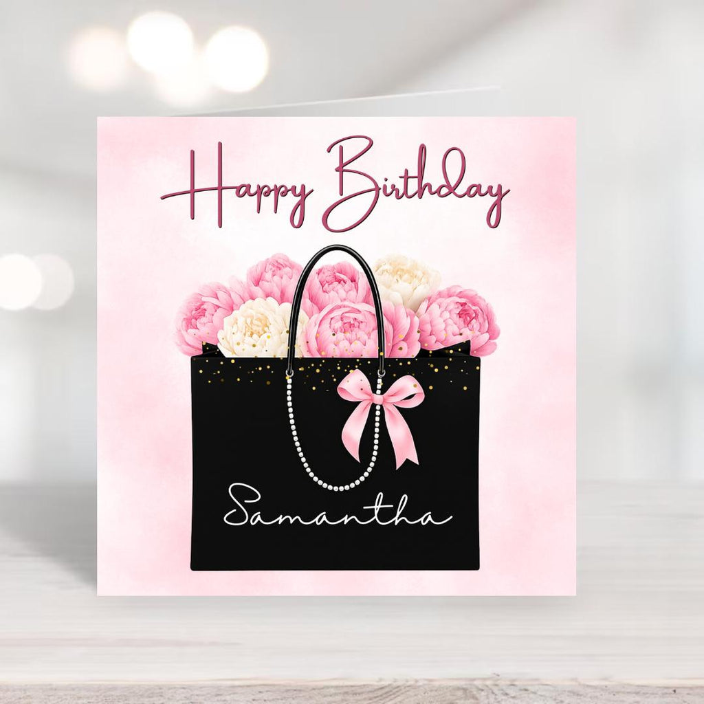 Personalized Floral Pink Peony Birthday Card, Elegant Minimalist Fashion Gift Bag Greeting For Her