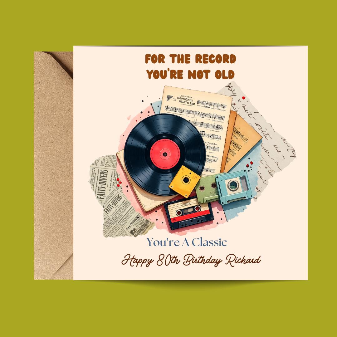Funny 80th Birthday Card For Dad, Grandpa, Uncle, Husband - Vintage Record Player Humour Cards