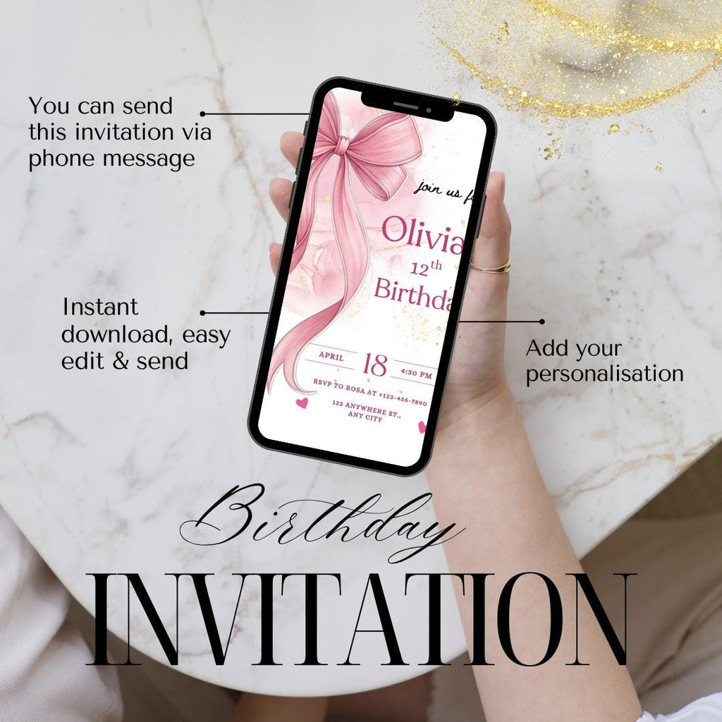 Pink Bow Birthday Invitation, Coquette Birthday Party Invite, Elegant Birthday Template Canva