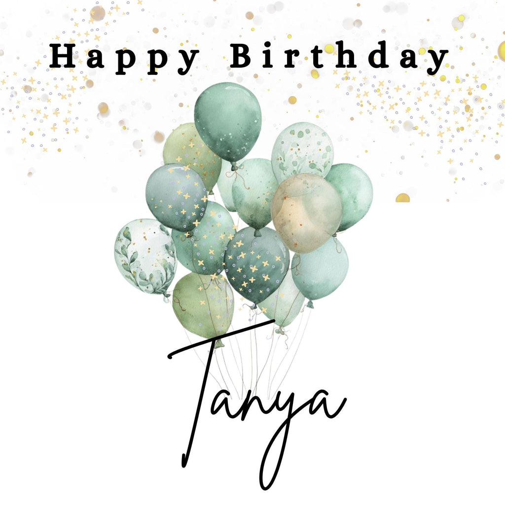 Personalized Birthday Card: Custom Name Balloons, Green Minimalist Design