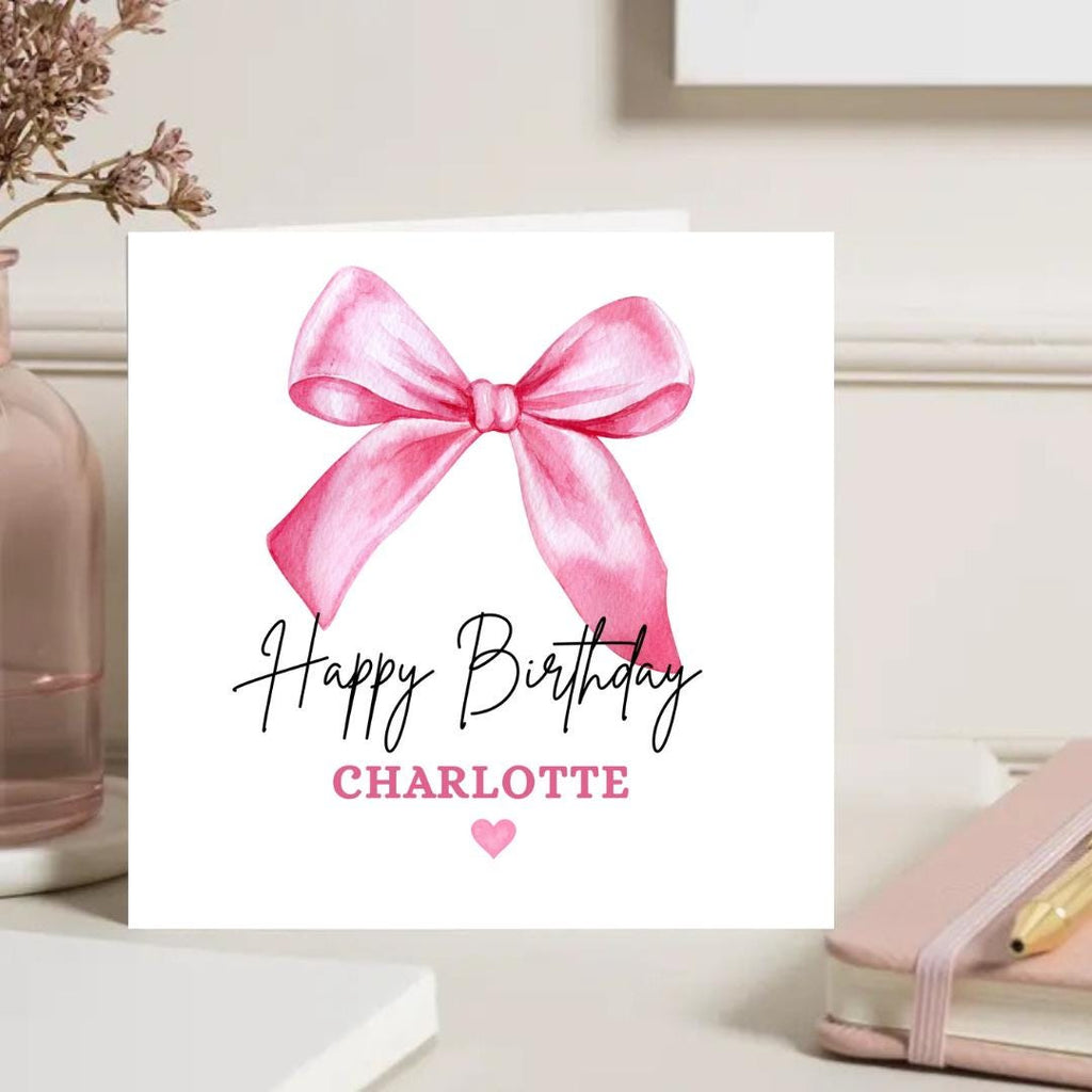 Personalized Coquette Bow Birthday Card For Her, Custom Name Girls Birthday Cards