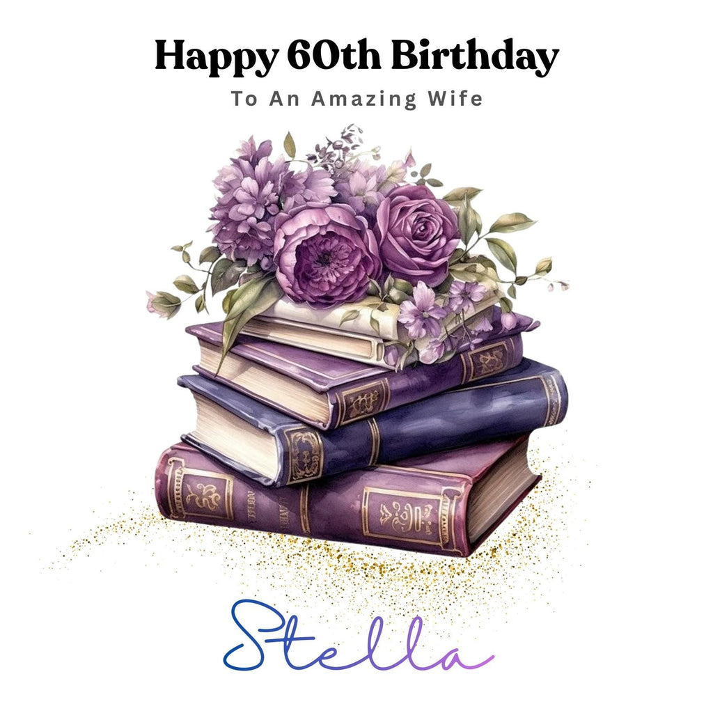 Personalised 60th Birthday Card, Book Lover Design, Custom Name Greeting (Mum, Wife)