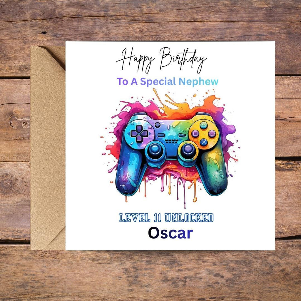 Personalized Gamer Birthday Card, Level 11 Unlocked, Custom Name Teen Boy Card