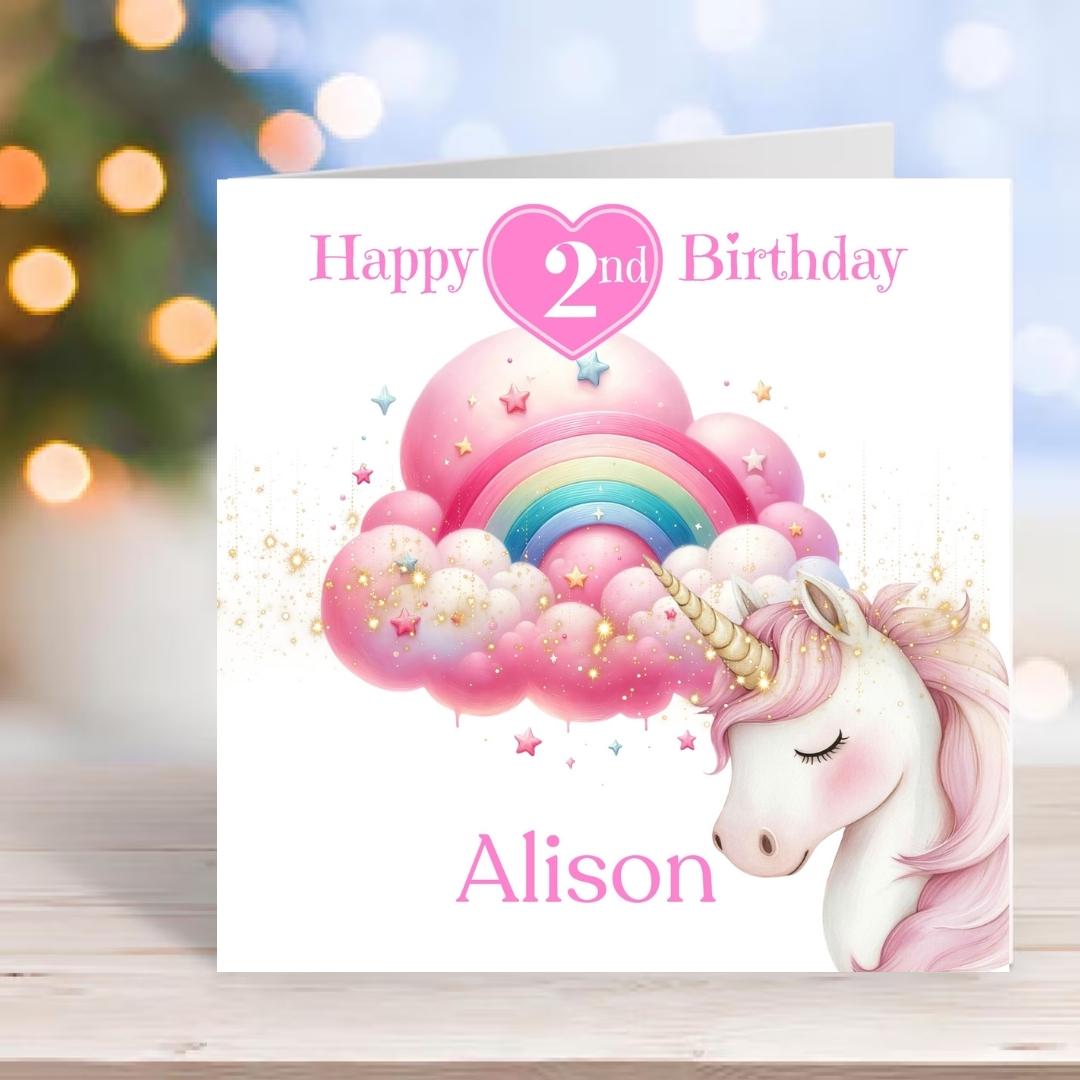Personalized Unicorn 2nd Birthday Card For granddaughter, niece, daughter - cloud rainbow magical themed