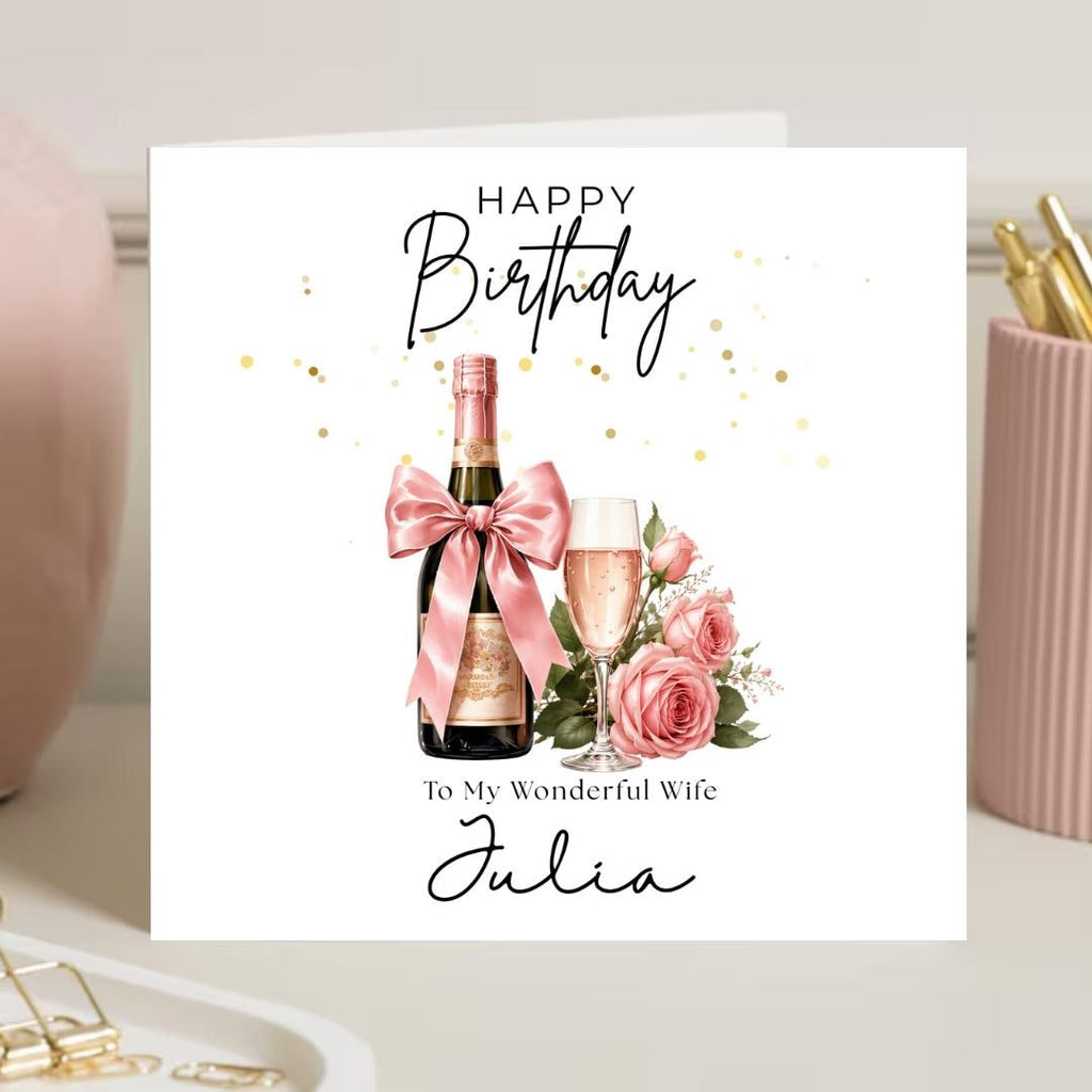 Personalised Birthday Card for Wife, Custom Name Elegant Romantic Champagne & Roses Birthday Card for Her