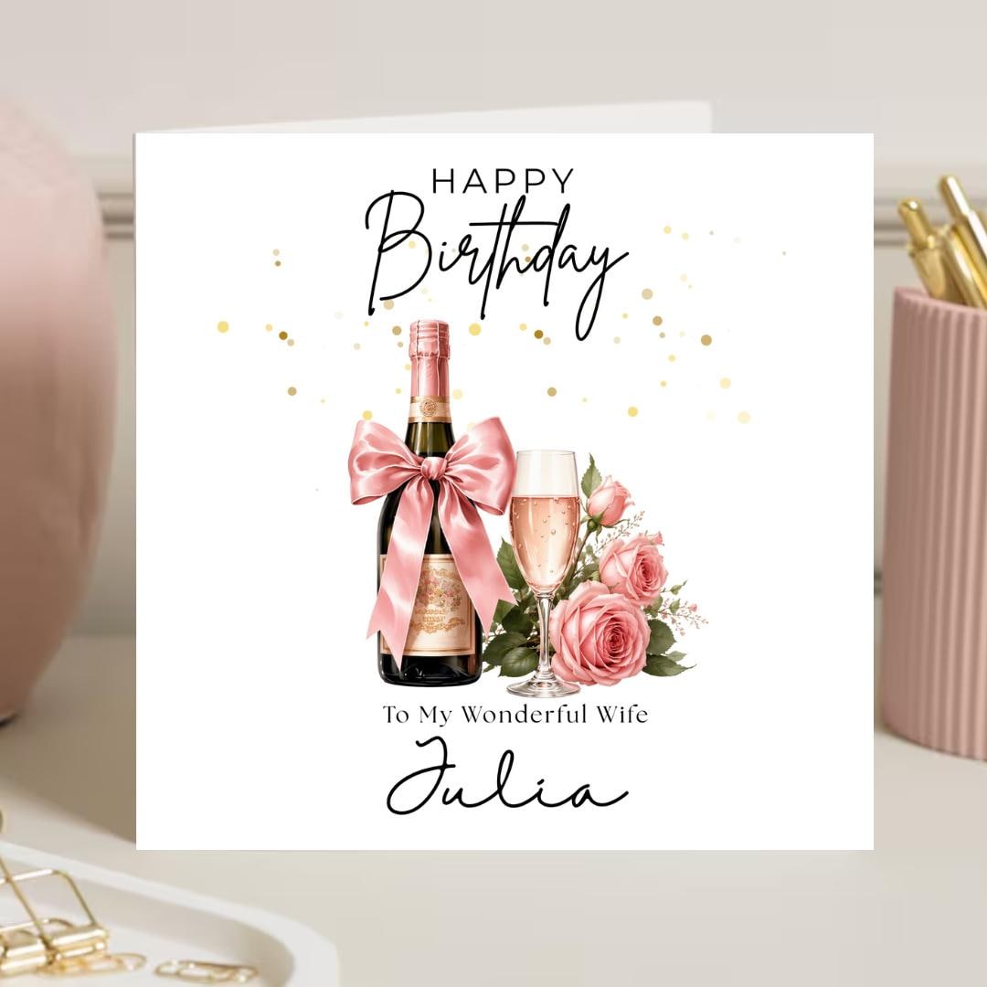 Personalised Birthday Card for Wife, Custom Name Elegant Romantic Champagne & Roses Birthday Card for Her