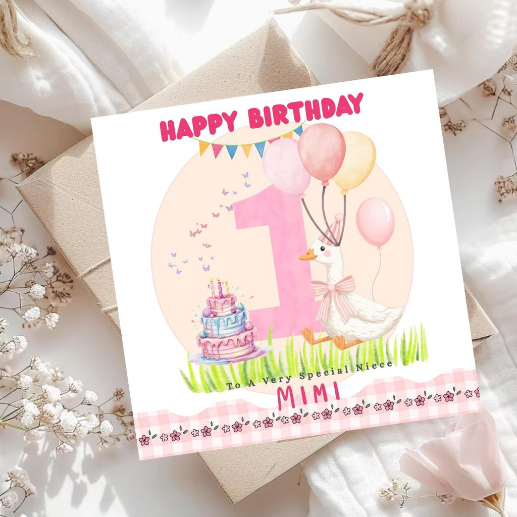 Personalised Goose 1st Birthday Card: Daughter, Granddaughter, Goddaughter, Niece