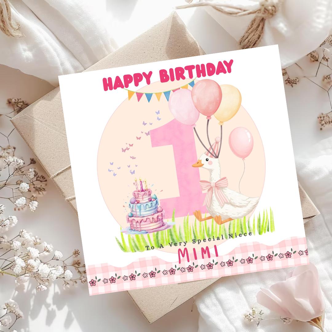 Personalised Goose 1st Birthday Card: Daughter, Granddaughter, Goddaughter, Niece