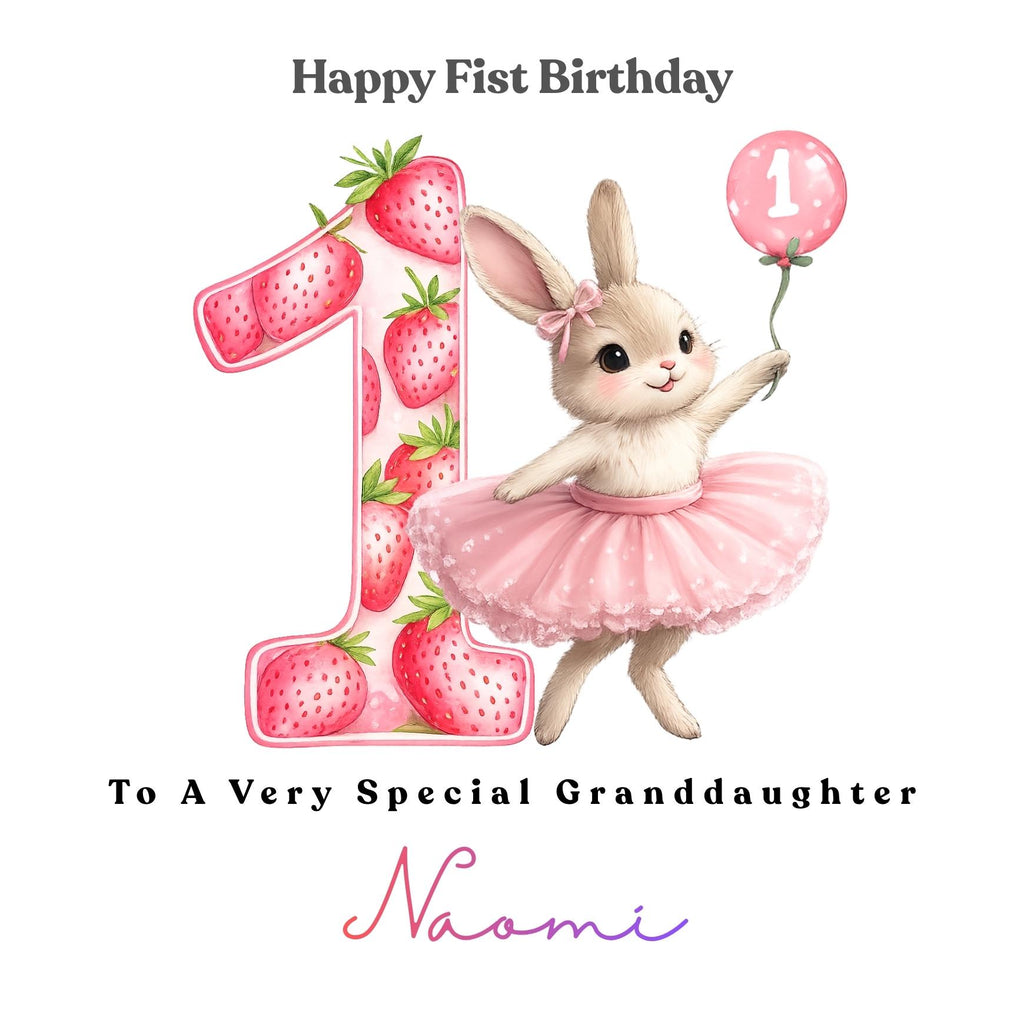 Personalized Strawberry 1st Birthday Card, Granddaughter Daughter Niece, Berry Sweet One with Bunny