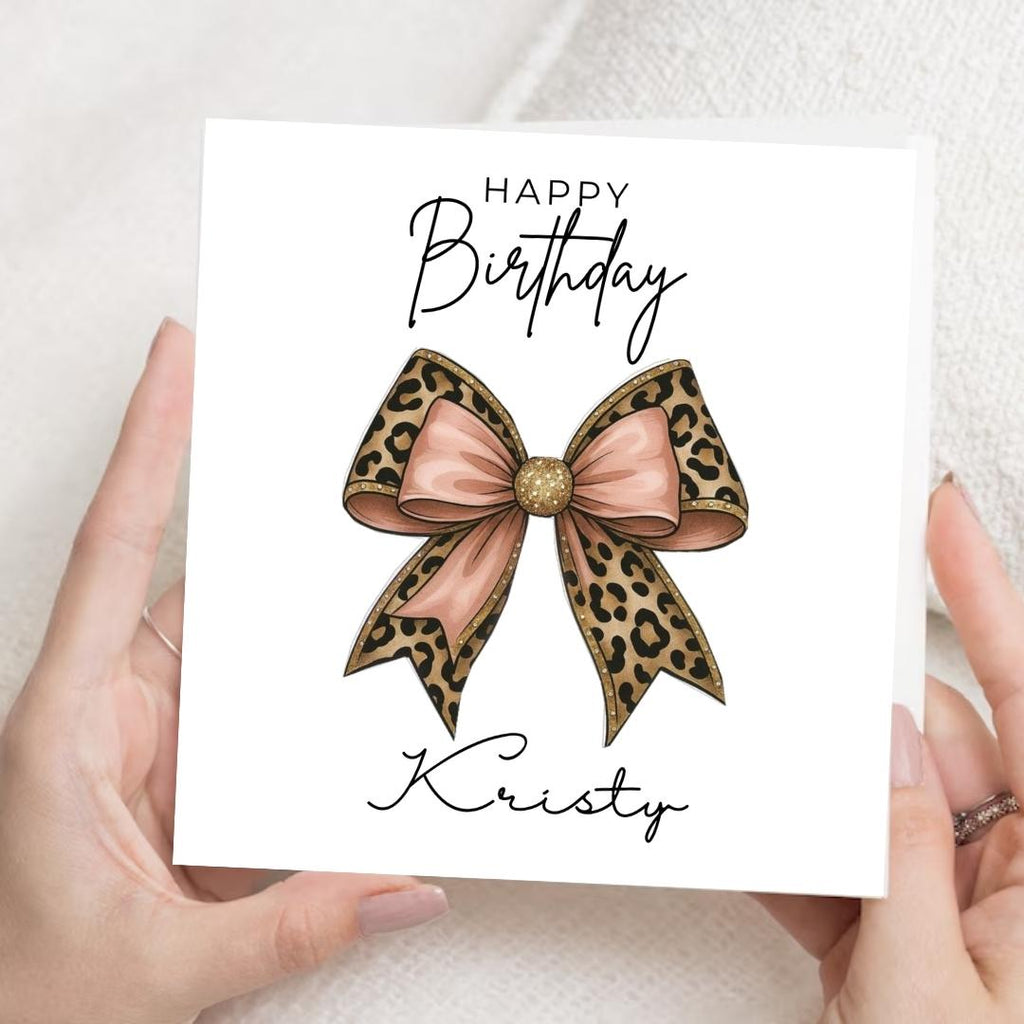 Personalized Leopard Print Birthday Card With Custom Name, Pink Bow design