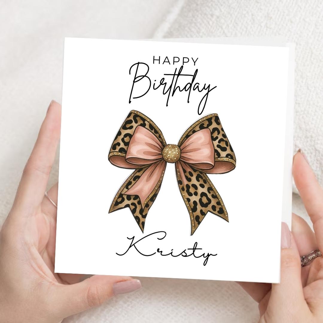Personalized Leopard Print Birthday Card With Custom Name, Pink Bow design