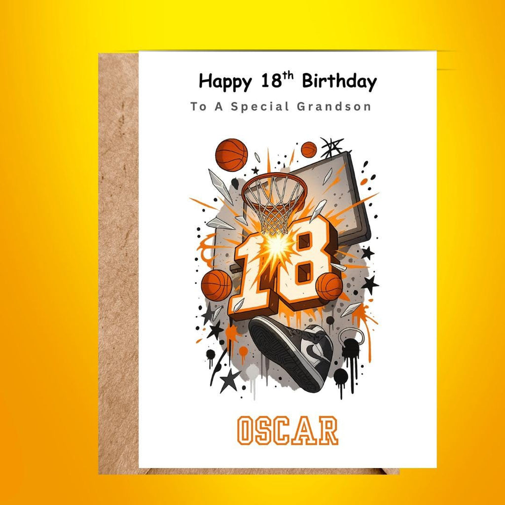 Personalized Basketball Birthday Card For Grandson Age 18, Slam Dunk Custom Name 18th Cards