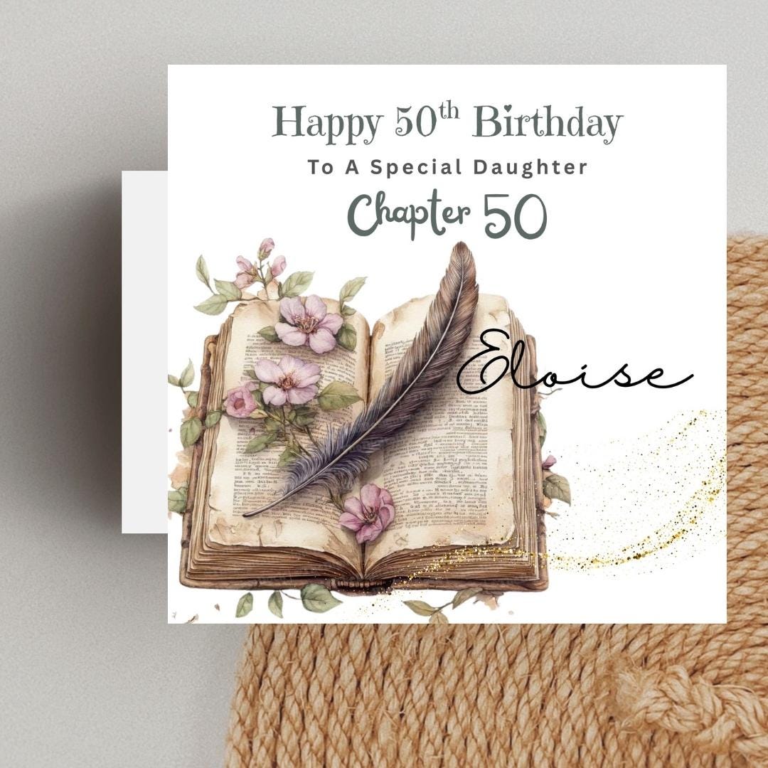 Personalized 50th Birthday Card, Daughter Chapter 50 Open Book Floral Design