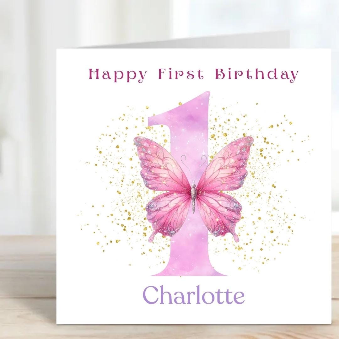 Personalized Baby Girl 1st Birthday Card, Big Number One Pink Butterfly Design