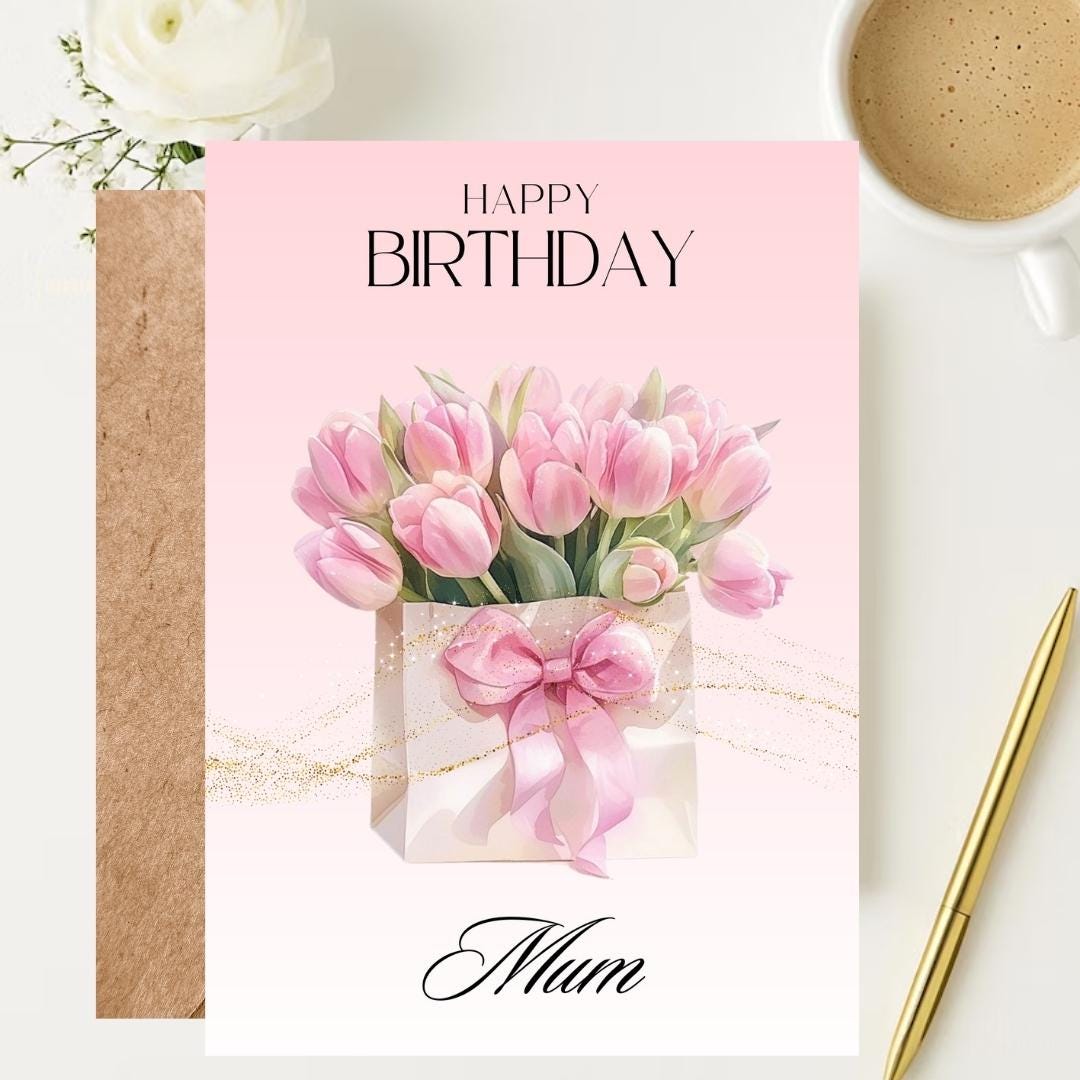 Personalized Floral Pink Tulips Birthday Card For Mum, Elegant Mothers Birthday Gift