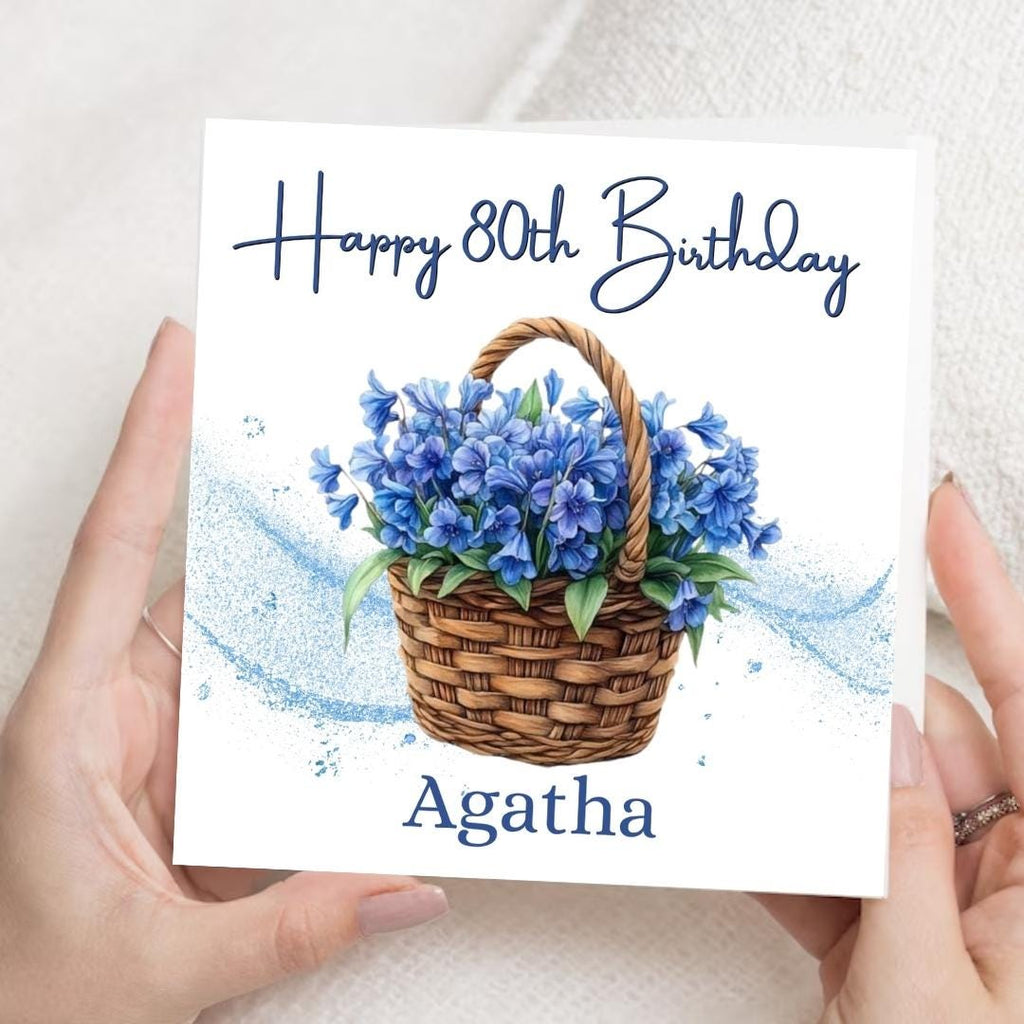Personalized 80th Floral Birthday Card For Her – Custom Name Flower Basket Card For Mum