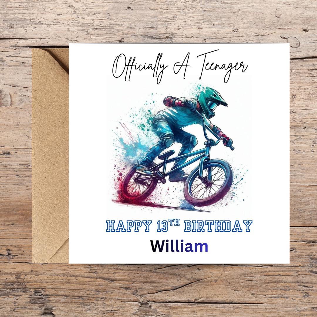 Personalized 13th Birthday Card, BMX Rider Son, Officially Teenager (Custom Name)