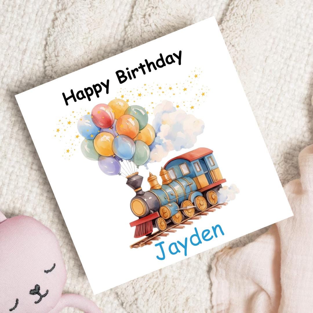 Personalized Train Birthday Card, Kids Name Keepsake