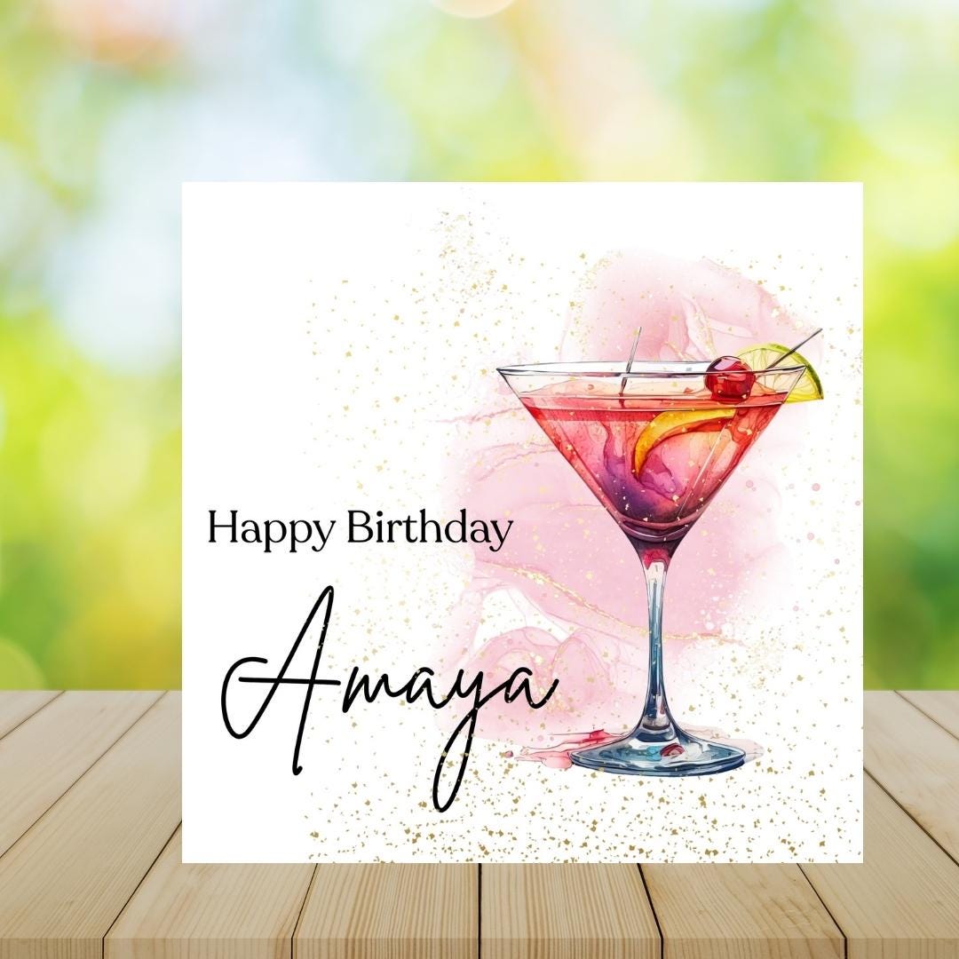 Personalized Cocktail Birthday Card – Custom Name Stylish Design For Her