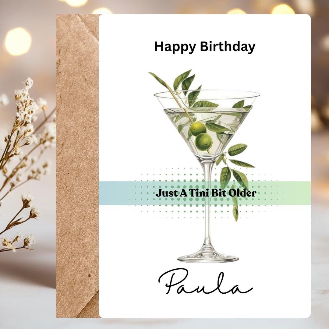 Personalized Martini Birthday Card – Custom Name, Cocktail Illustration, For Her