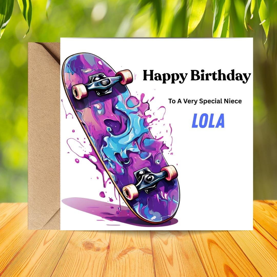 Personalized Skateboard Birthday Card, Custom Name, Watercolor Art, Teen Skater Gift