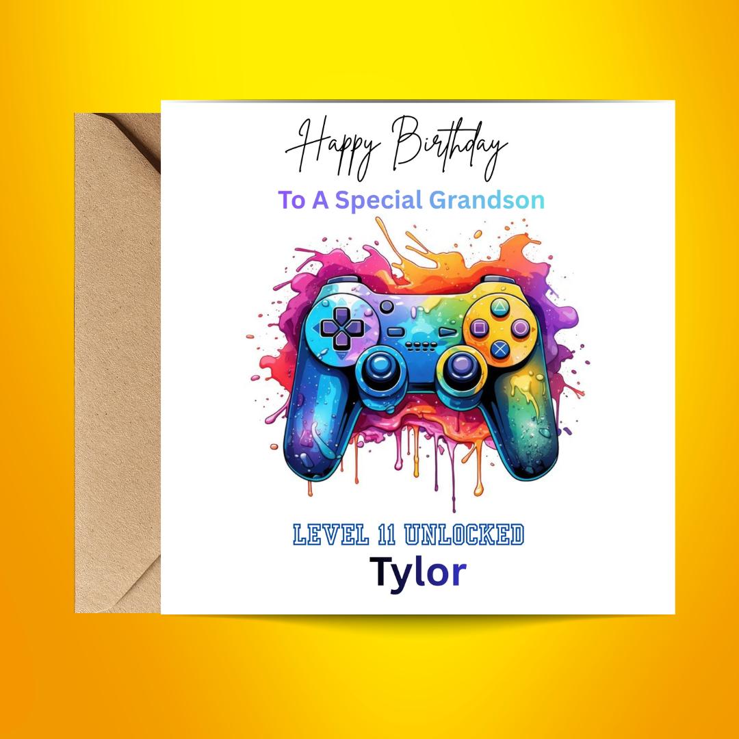 Personalized Gamer Birthday Card, Level 11 Unlocked, Custom Name Teen Boy Card