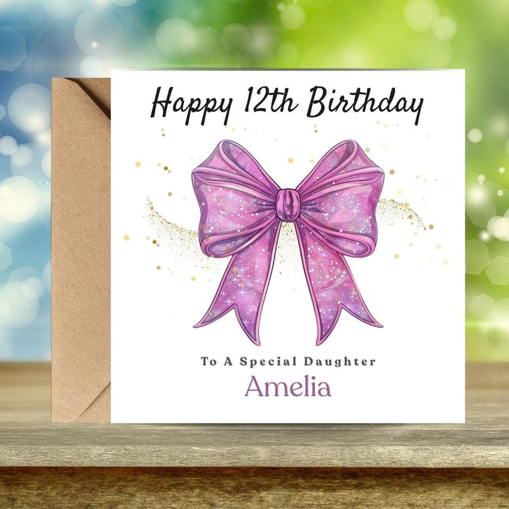 Personalized 12th Birthday Card, Pink Coquette Bow, Gold Sparkles, Daughter Sister Keepsake